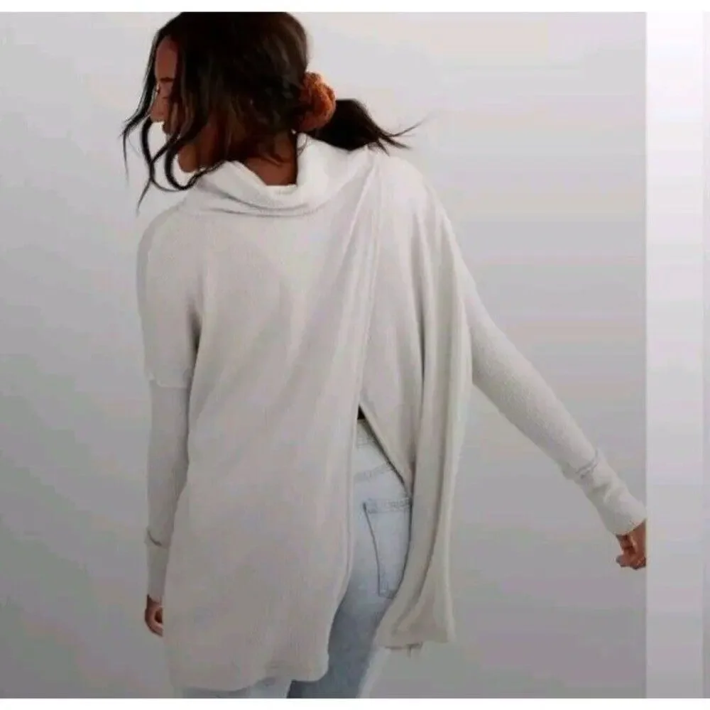 Free People Top Juicy Long Sleeve Size L oversized Ivory NWT Waffle Knit - Picture 3 of 11